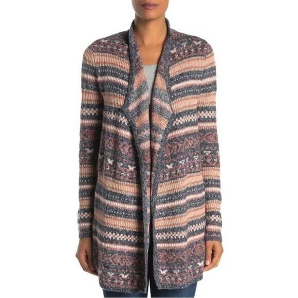 Lucky Brand Reversible Jacquard Open Front Navy Blue Peach Long Cardigan Small - Picture 2 of 9